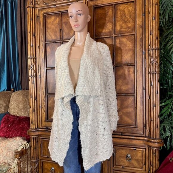 NWOT Jones New York Oatmeal Wool Alpaca Blend Oversize Lapel Open Front Cardigan - Picture 2 of 14